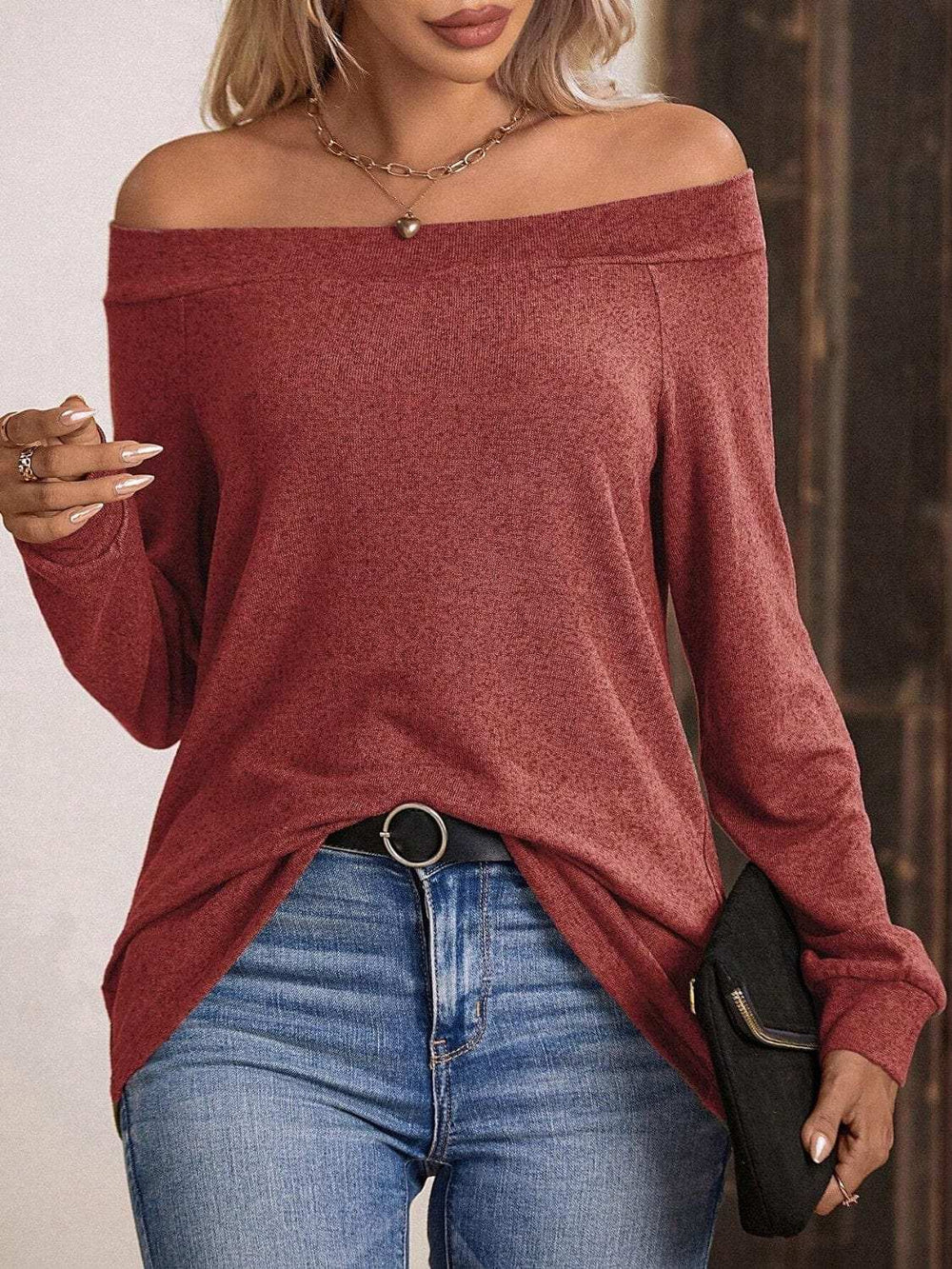 Off-Shoulder Long Sleeve T-Shirt - Trendsi - Flyclothing LLC