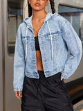 Hooded Drawstring Cropped Denim Jacket - Trendsi - Flyclothing LLC