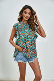 Ruffled Ditsy Floral Mock Neck Cap Sleeve Blouse - Trendsi - Flyclothing LLC