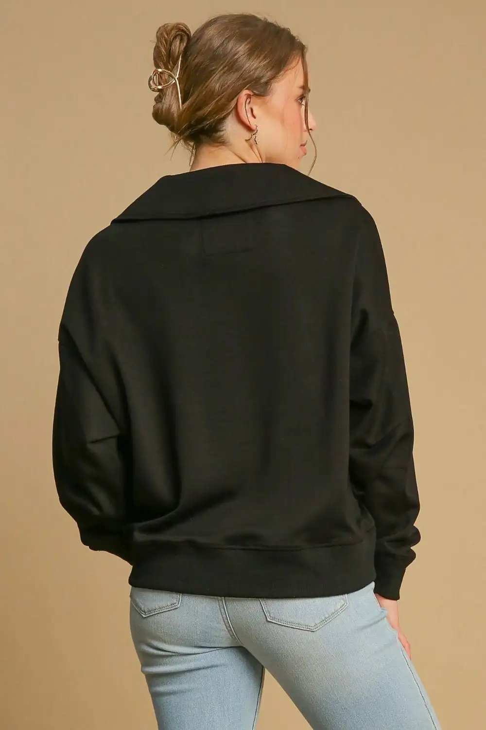 Umgee Johnny Collar Dropped Shoulder Sweatshirt - Trendsi - Flyclothing LLC