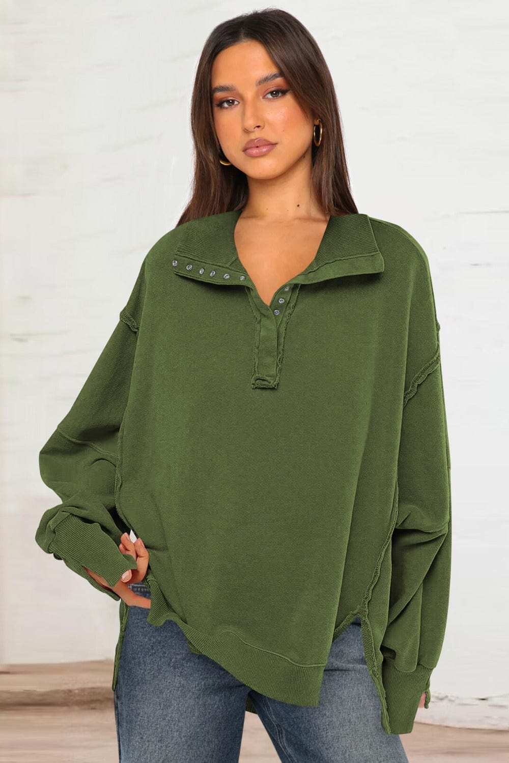 Exposed Seam Side Slit Long Sleeve Sweatshirt - Trendsi - Flyclothing LLC