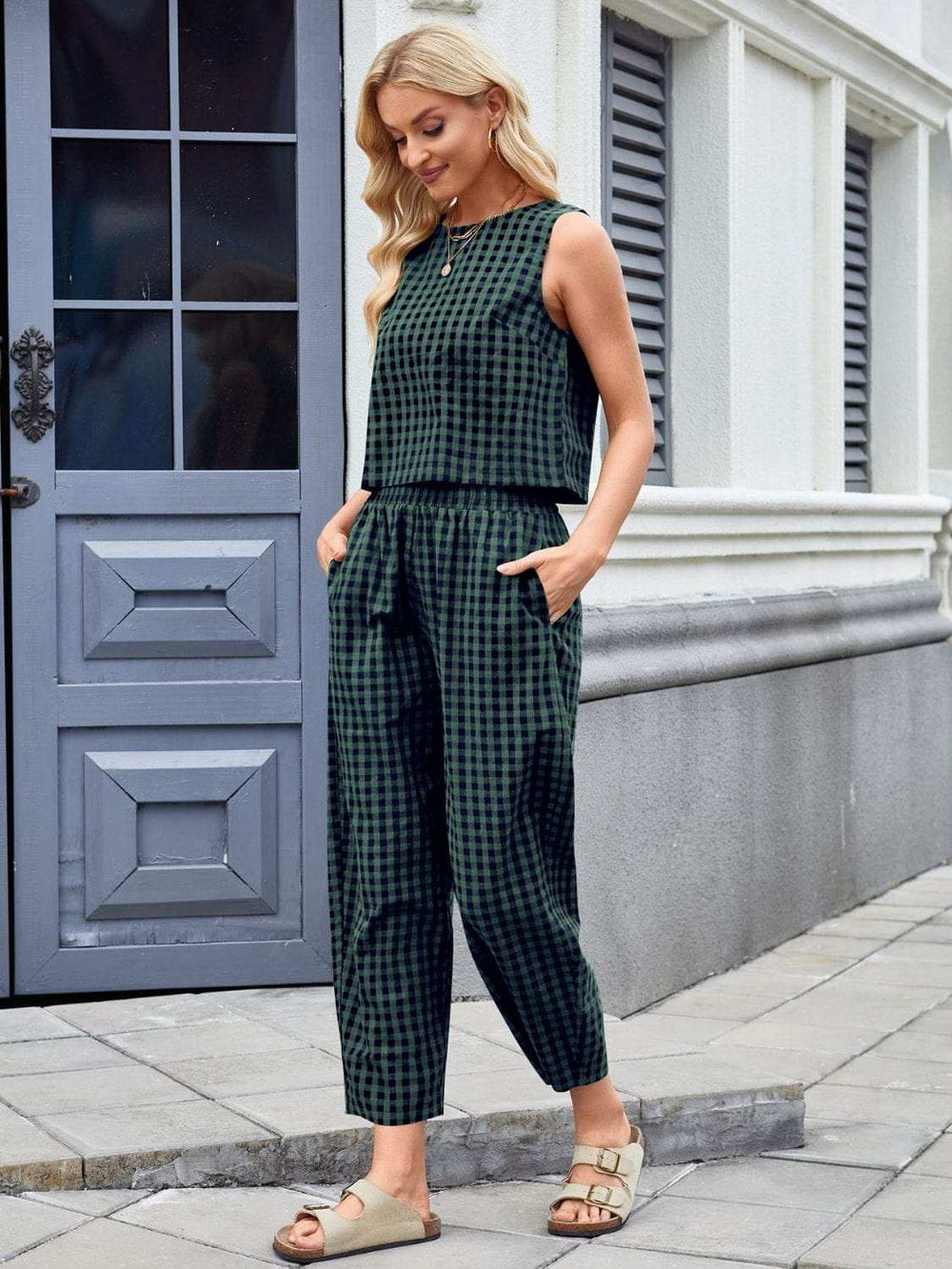 Plaid Sleeveless Top and Pants Set - Trendsi - Flyclothing LLC