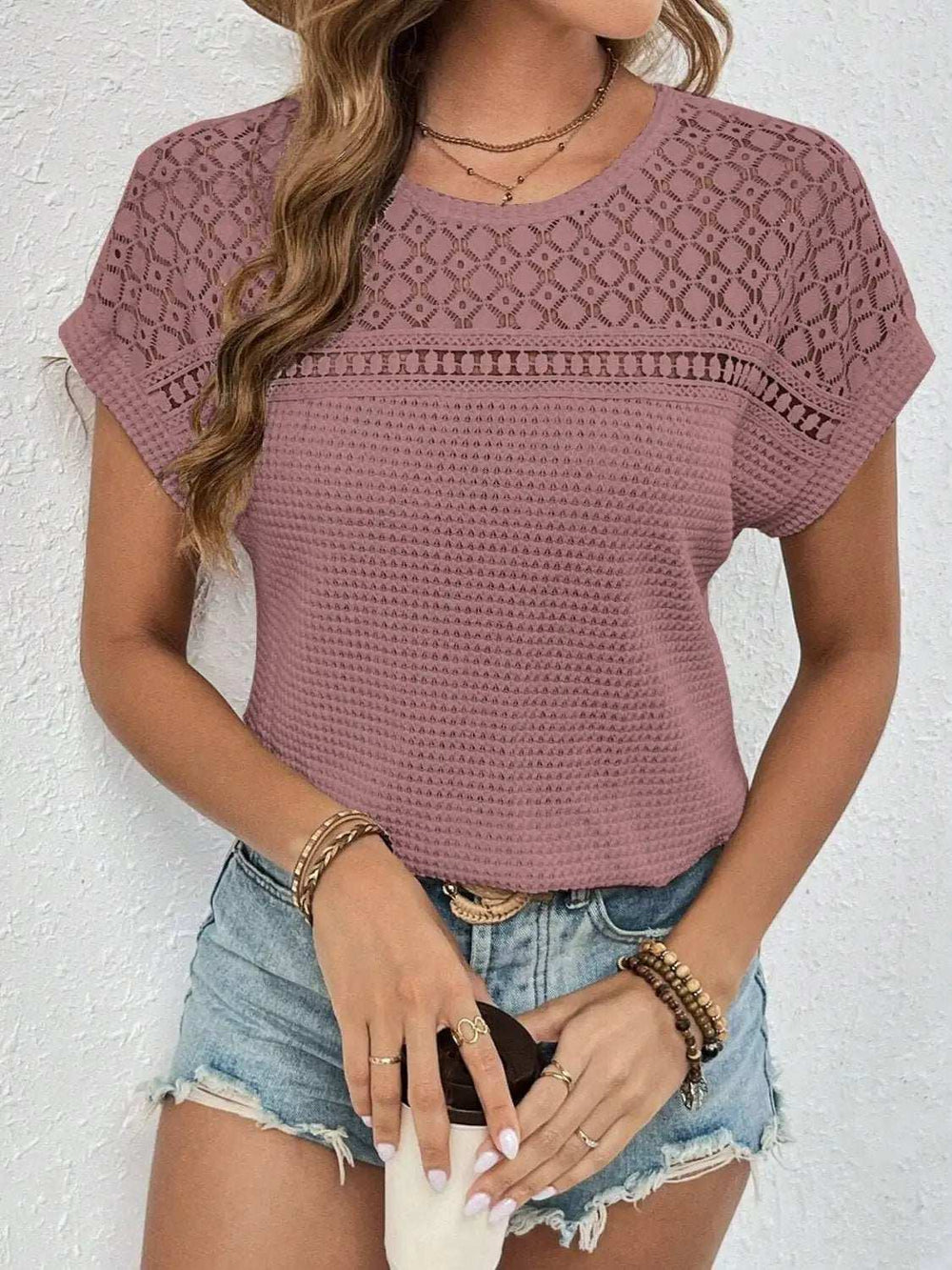 Waffle-Knit Round Neck Short Sleeve Top - Trendsi - Flyclothing LLC