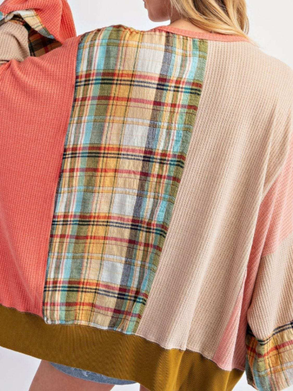 Slit Plaid Round Neck Long Sleeve Sweatshirt - Trendsi - Flyclothing LLC