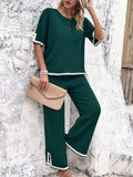 Contrast Trim Round Neck Top and Pants Set - Trendsi - Flyclothing LLC