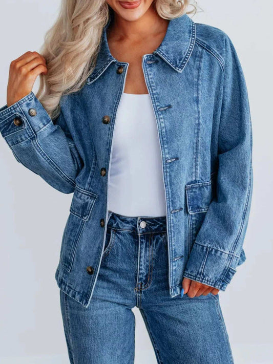 Button Up Raglan Sleeve Denim Jacket - Trendsi - Flyclothing LLC