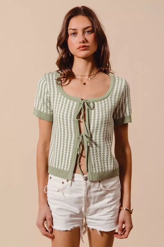 SO ME Tie Front Textured Vertical Stripe Knit Cardigan - Trendsi - Flyclothing LLC
