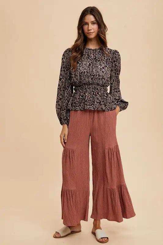 Annie Wear Abstract Print Balloon Sleeve Peplum Blouse - Trendsi - Flyclothing LLC