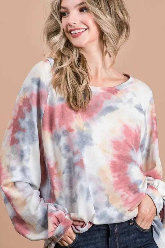 BiBi Tie Dye Print Terry Top With Puff Sleeves - Trendsi - Flyclothing LLC