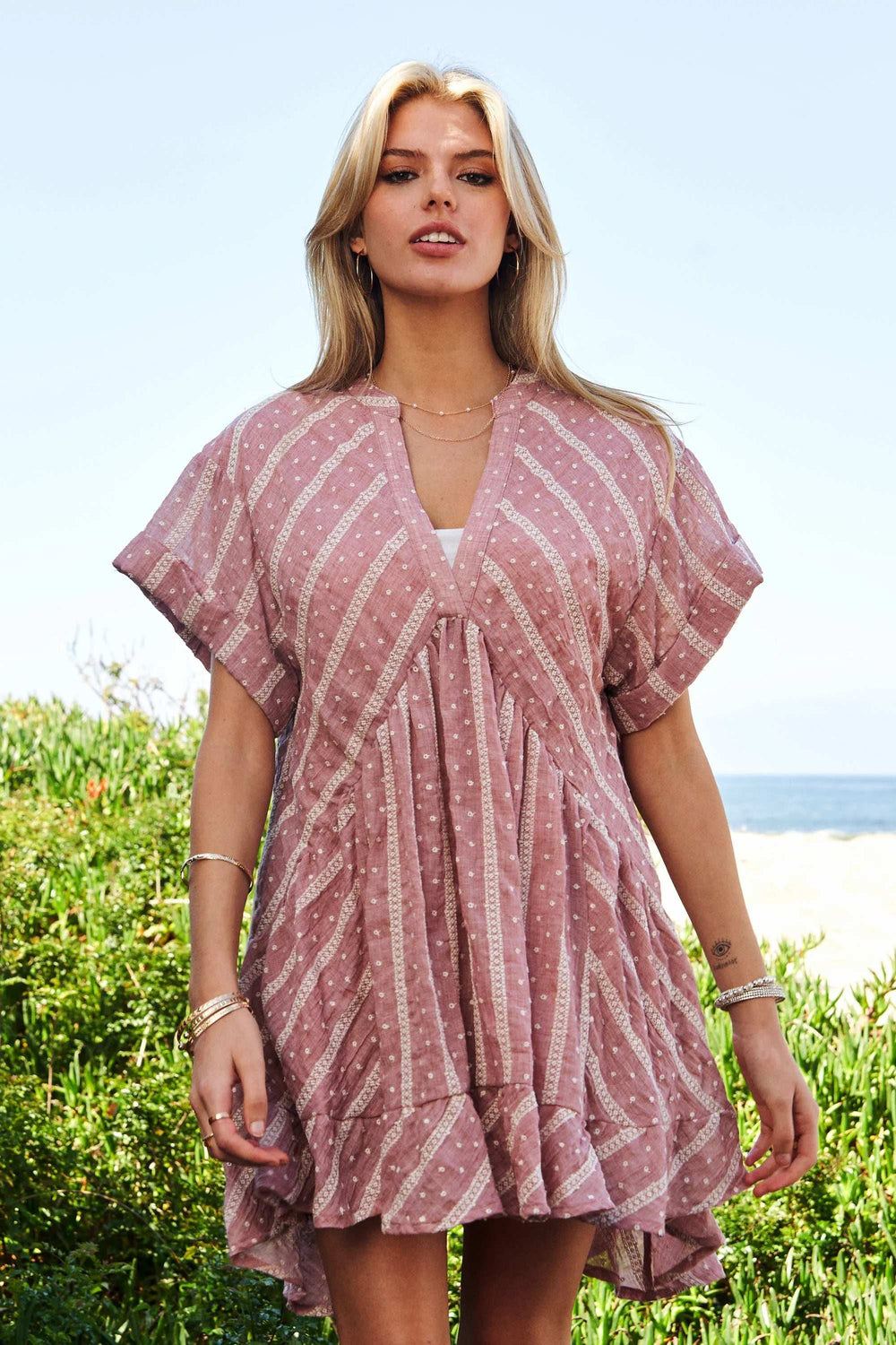 Davi & Dani Embroidery V Neck Short Sleeve Ruffled Mini Dress - Trendsi - Flyclothing LLC