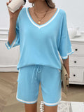 Contrast Trim V-Neck Top and Shorts Set - Trendsi - Flyclothing LLC