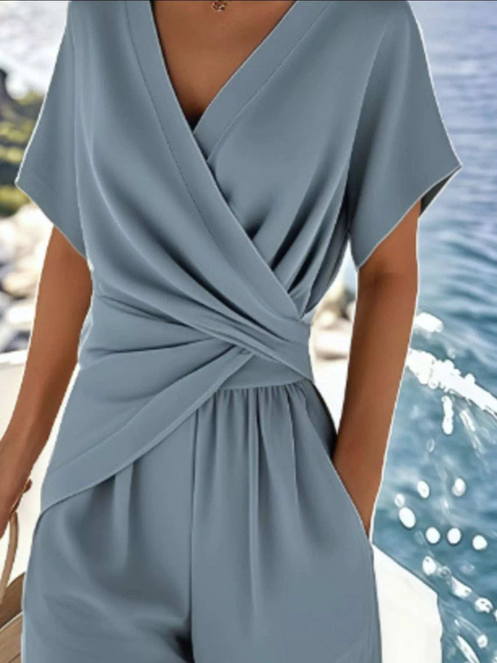 Full Size Surplice Short Sleeve Top and Pants Set Plus Size - Trendsi - Flyclothing LLC