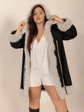 Plus Size Fuzzy Trim Open Front Long Sleeve Hooded Coat - Trendsi - Flyclothing LLC