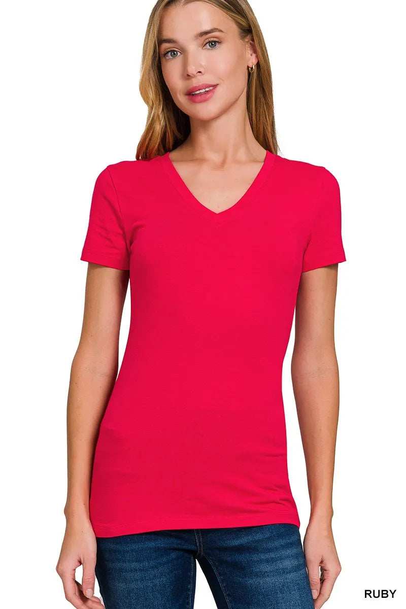 Zenana Basic Cotton V-Neck Short Sleeve T-Shirt - Trendsi - Flyclothing LLC