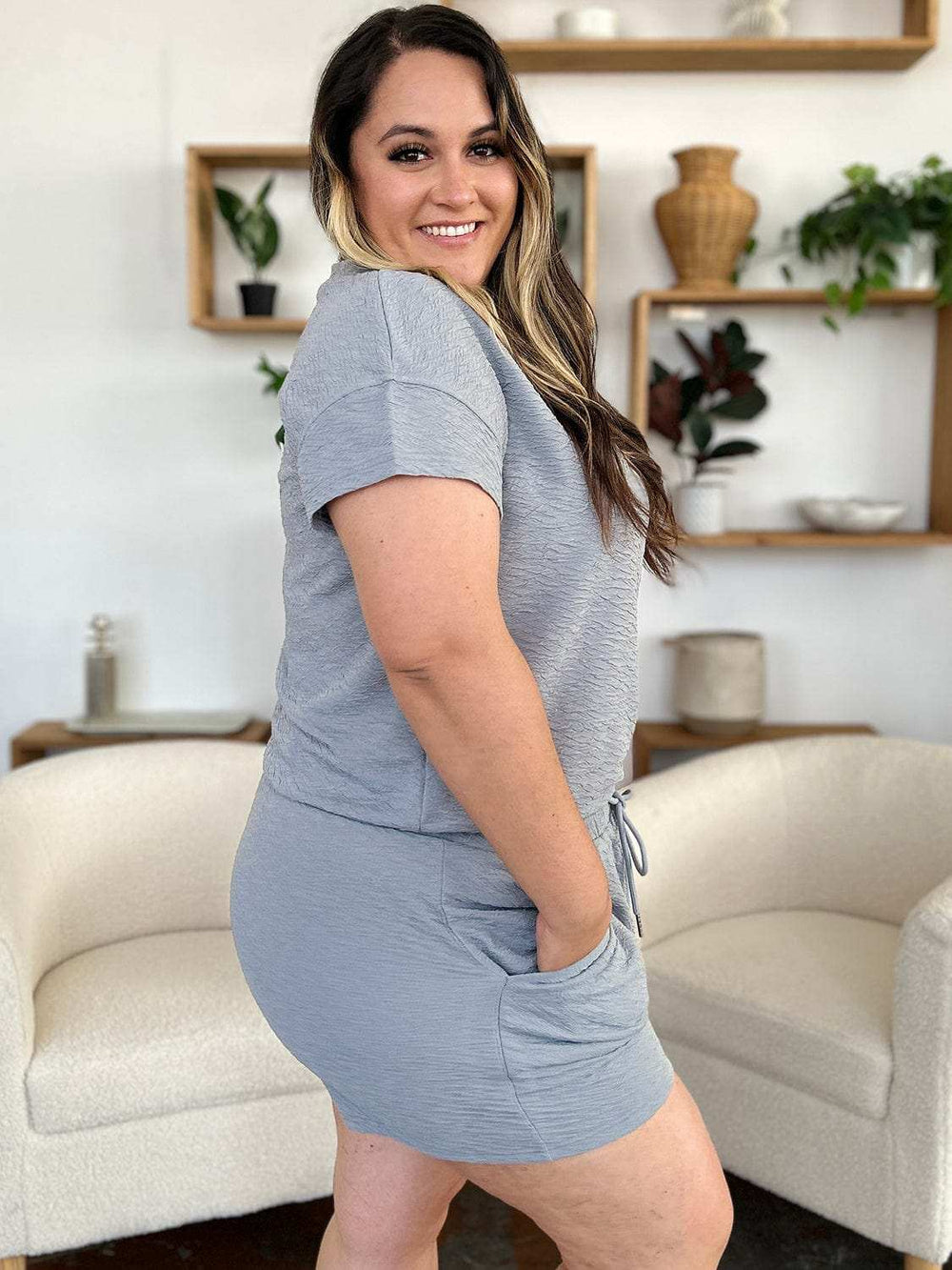 Double Take Full Size Texture Short Sleeve T-Shirt and Drawstring Shorts Set - Trendsi - Flyclothing LLC