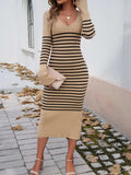 Striped V-Neck Long Sleeve Sweater Dress - Trendsi - Flyclothing LLC