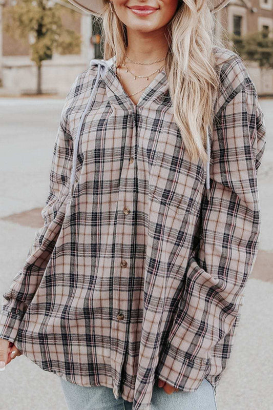 Drawstring Plaid Hooded Long Sleeve Shirt - Trendsi - Flyclothing LLC