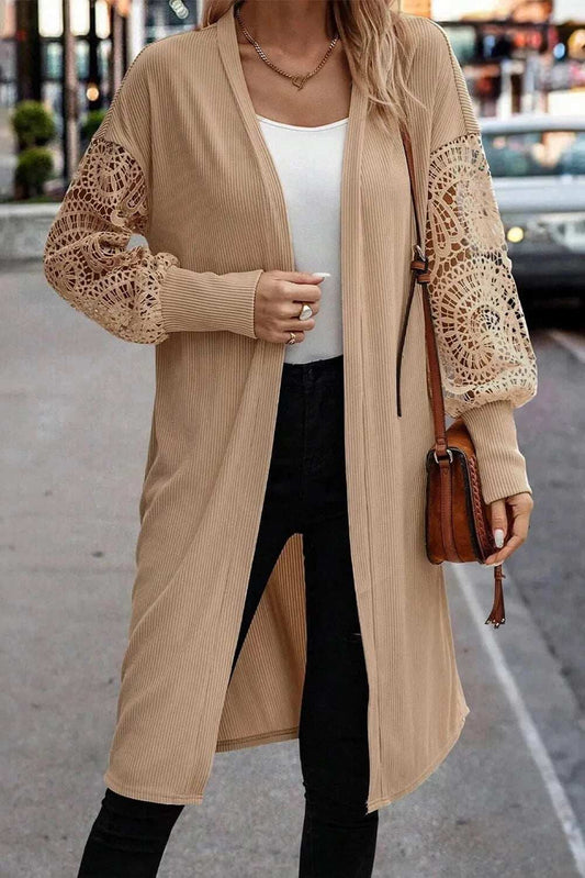 Open Front Lace Lantern Sleeve Cover-Up - Trendsi - Flyclothing LLC