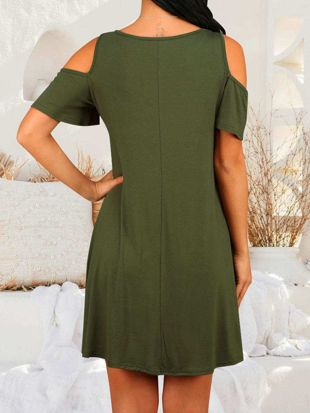Round Neck Cold Shoulder Short Sleeve Dress - Trendsi - Flyclothing LLC