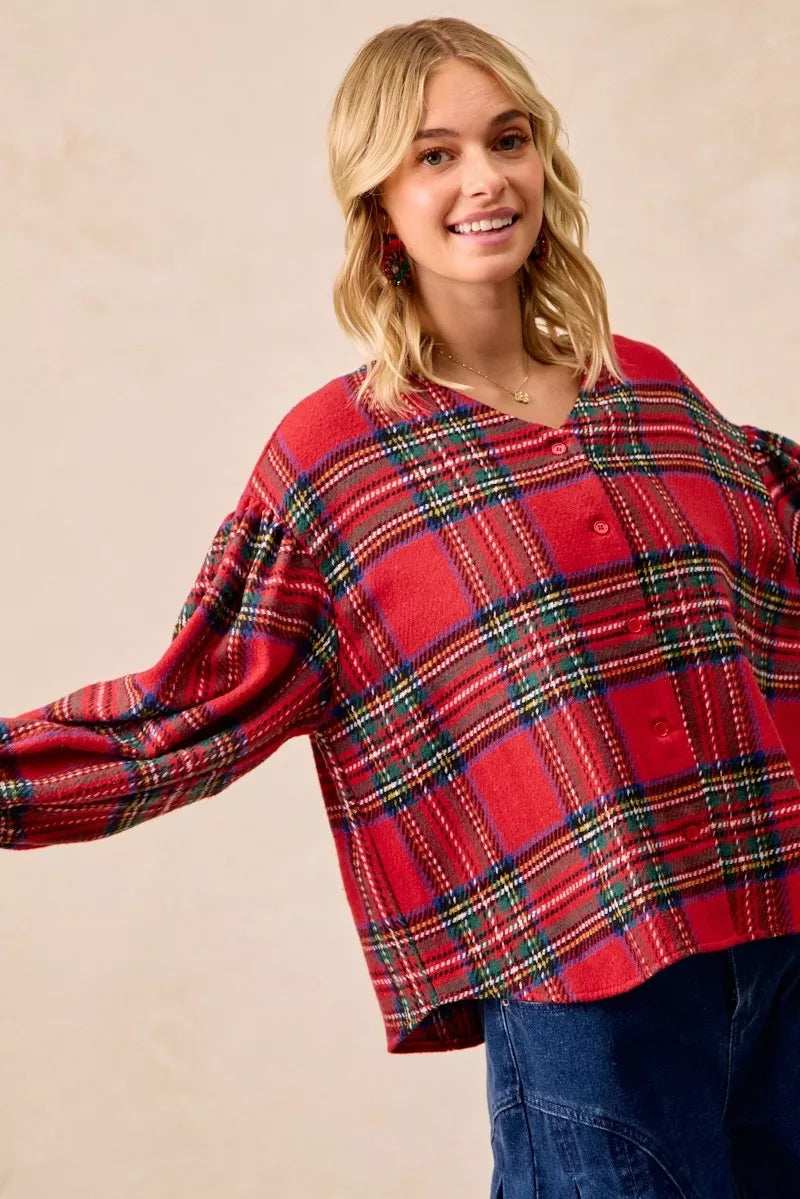 BiBi Christmas Plaid V-Neck Flounce Sleeve Jacket - Trendsi - Flyclothing LLC