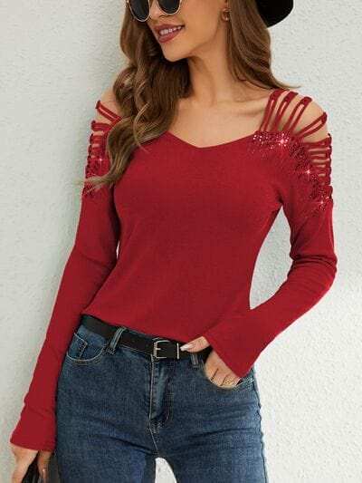 Rhinestone Cutout Long Sleeve T-Shirt - Trendsi - Flyclothing LLC