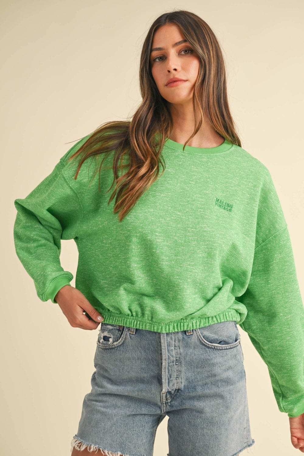 Mable Round Neck Letter Embroidery Crop Sweatshirt - Trendsi - Flyclothing LLC