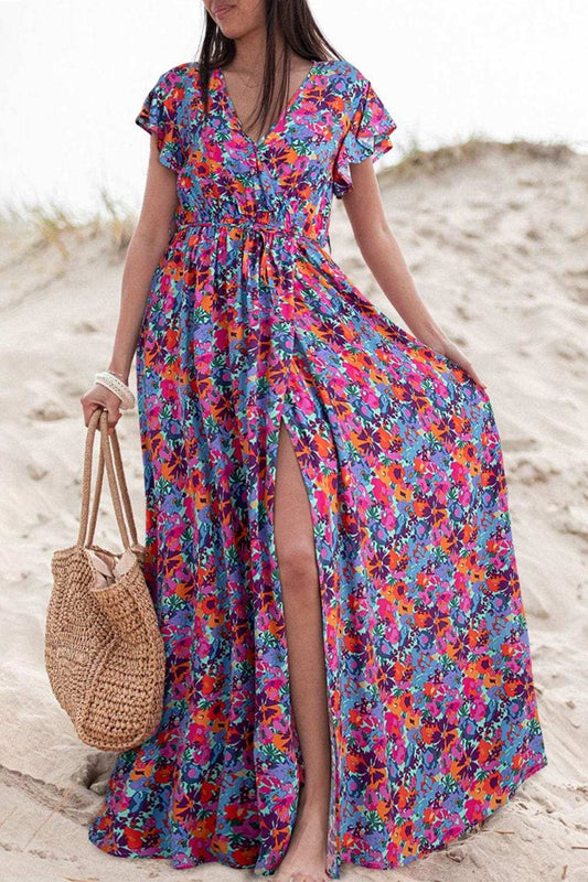 Slit Printed Cap Sleeve Maxi Dress - Trendsi - Flyclothing LLC