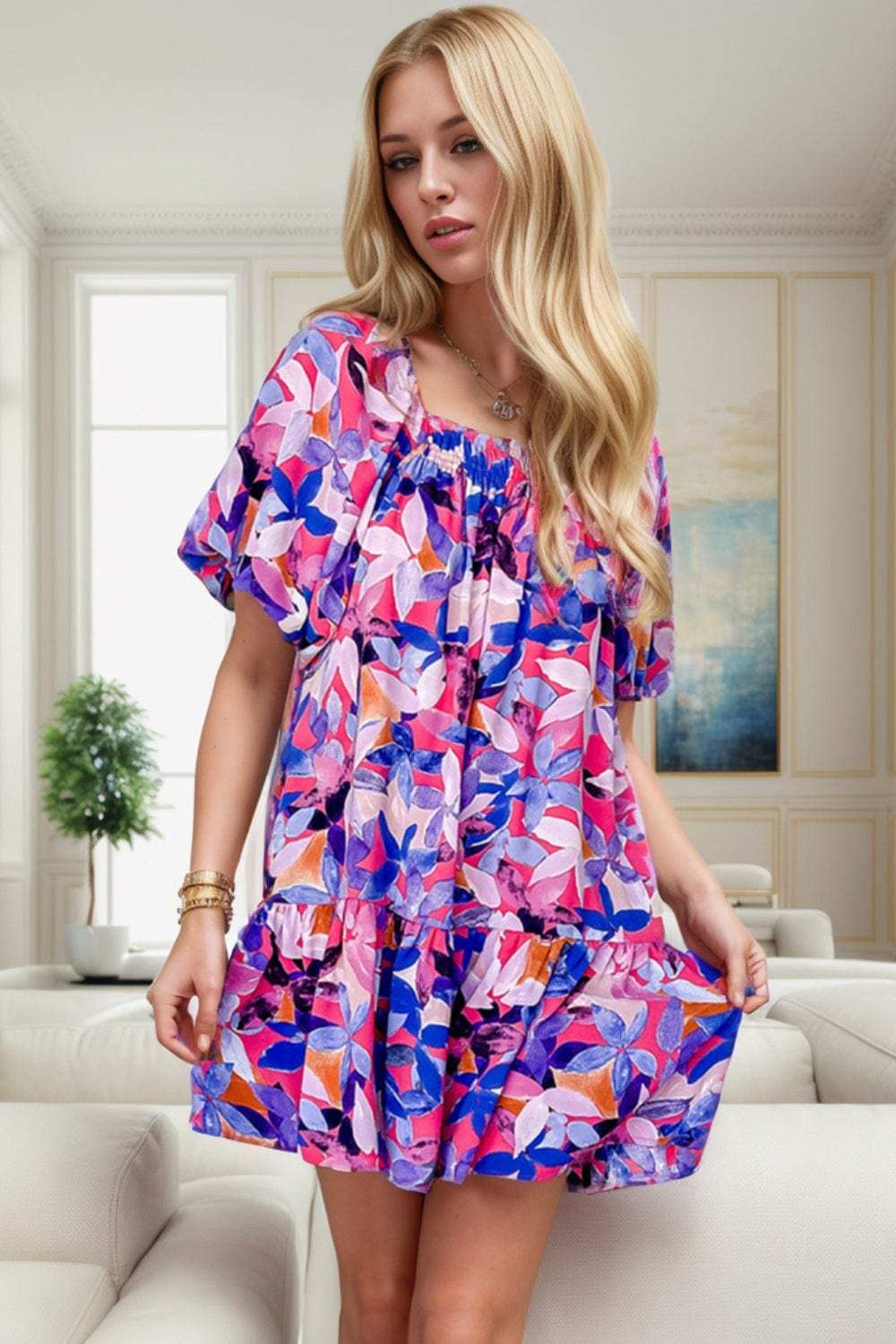 Printed Square Neck Short Sleeve Mini Dress - Trendsi - Flyclothing LLC