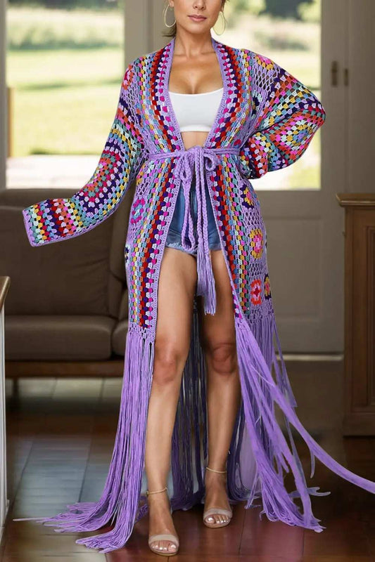 Fringe Tied Long Sleeve Cardigan - Trendsi - Flyclothing LLC