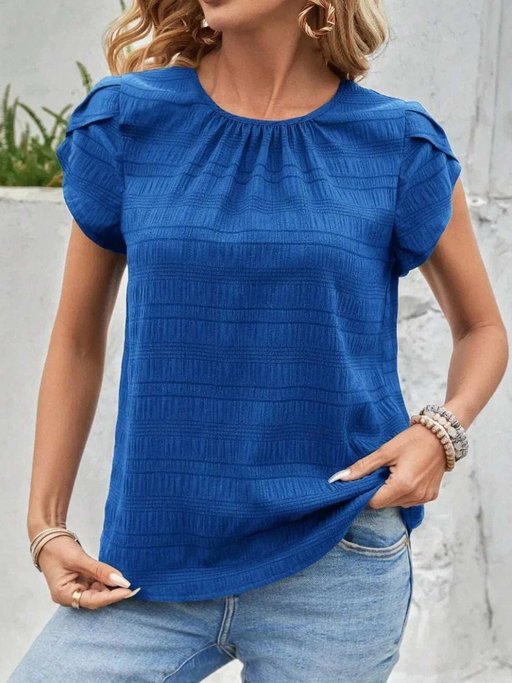 Round Neck Petal Sleeve Top - Trendsi - Flyclothing LLC