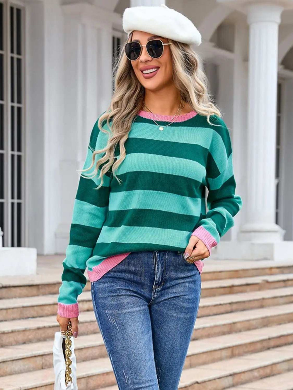 Striped Round Neck Dropped Shoulder Sweater - Trendsi - Flyclothing LLC