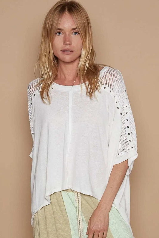 POL Eyelet Detail Studded High-Low Top - Trendsi - Flyclothing LLC