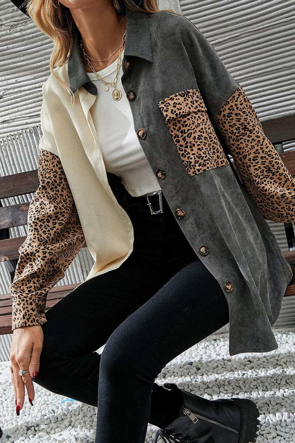 Leopard Button Up Drop Shoulder Jacket - Trendsi - Flyclothing LLC