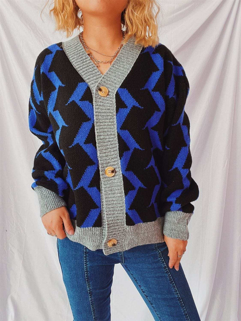 Contrast Trim Geometric V-Neck Long Sleeve Cardigan - Trendsi - Flyclothing LLC