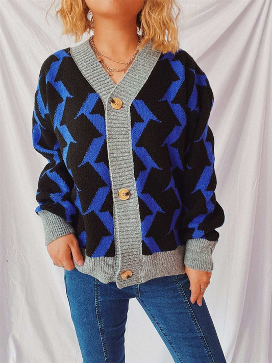 Contrast Trim Geometric V-Neck Long Sleeve Cardigan - Trendsi - Flyclothing LLC