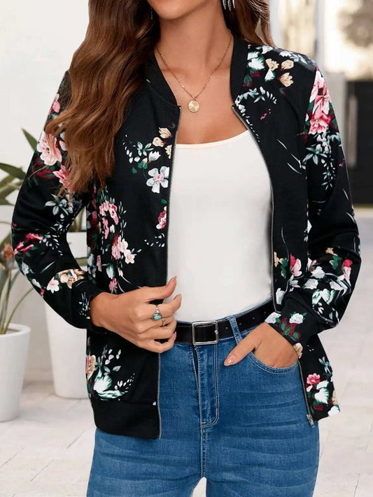 Printed Zip Up Long Sleeve Outerwear - Trendsi - Flyclothing LLC