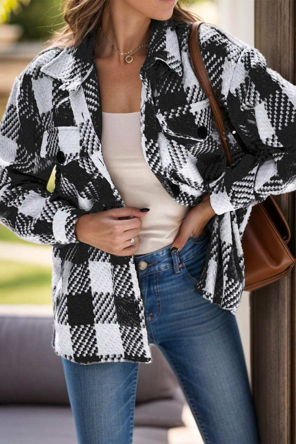 Plaid Button Up Long Sleeve Jacket - Trendsi - Flyclothing LLC