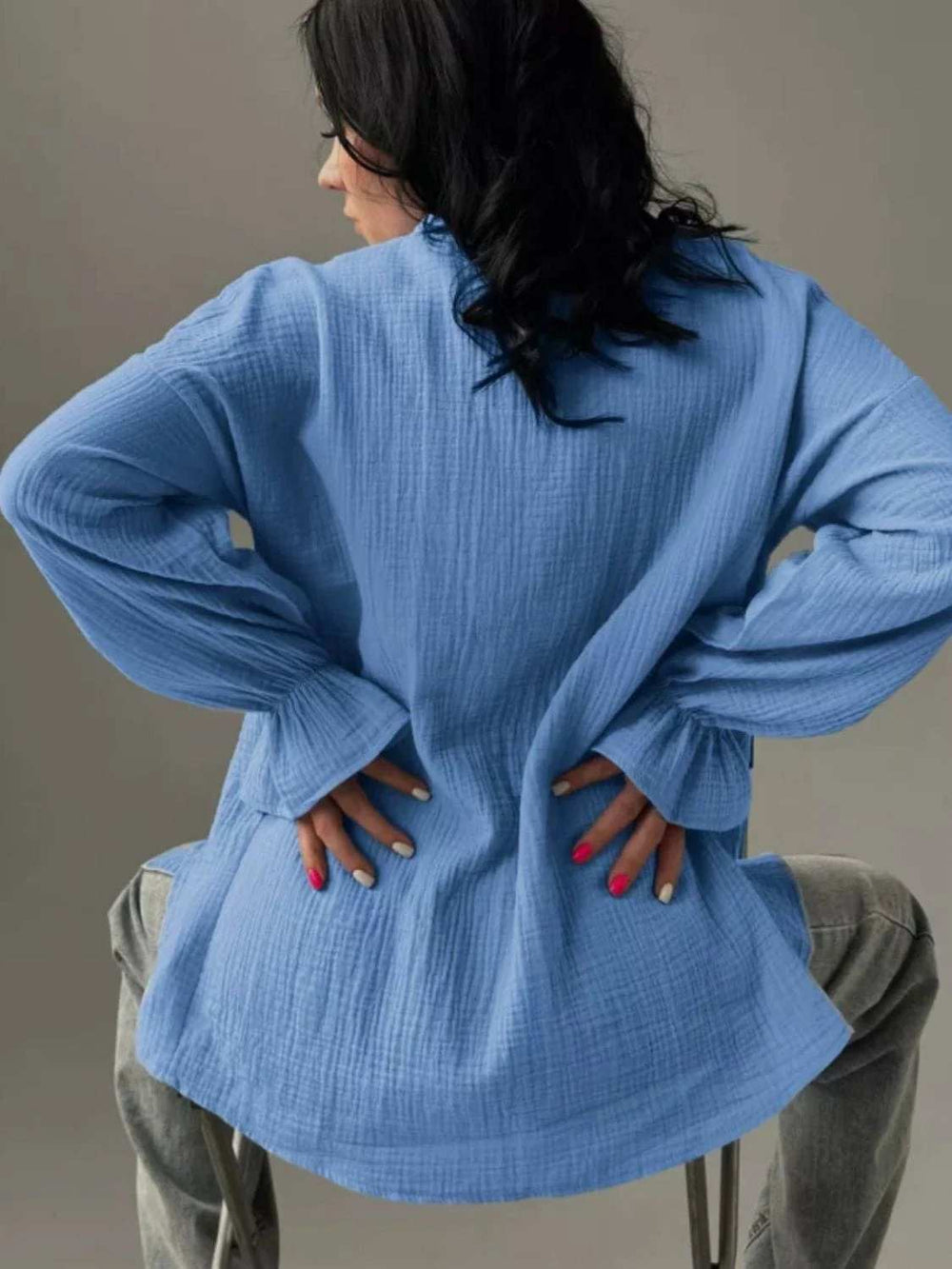 Textured Collared Neck Flounce Sleeve Shirt - Trendsi - Flyclothing LLC