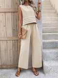 Round Neck Sleeveless Top and Wide Leg Pants Set - Trendsi - Flyclothing LLC