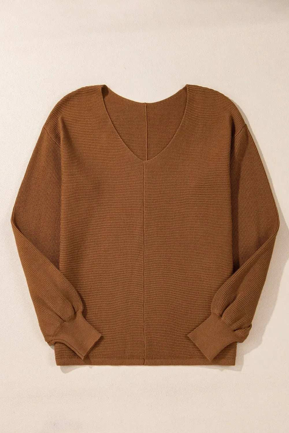 V-Neck Dropped Shoulder Long Sleeve Sweater - Trendsi - Flyclothing LLC