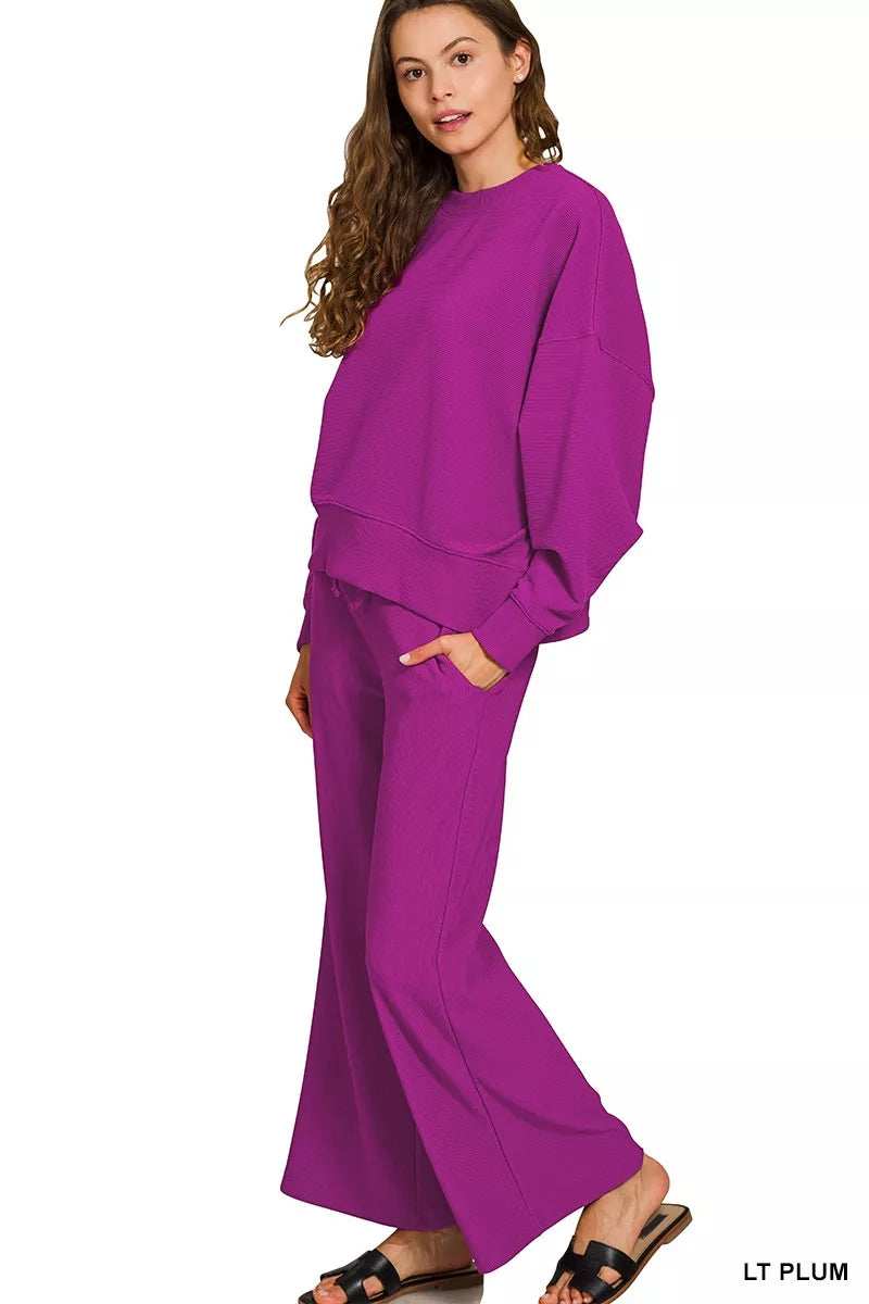 Zenana Ribbed Round Neck Pullover and Drawstring Pants Set - Trendsi - Flyclothing LLC
