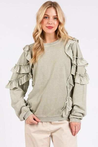 Mittoshop Ruffled Mineral Washed Round Neck Long Sleeve Sweatshirt - Trendsi - Flyclothing LLC