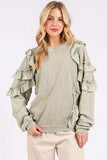 Mittoshop Ruffled Mineral Washed Round Neck Long Sleeve Sweatshirt - Trendsi - Flyclothing LLC