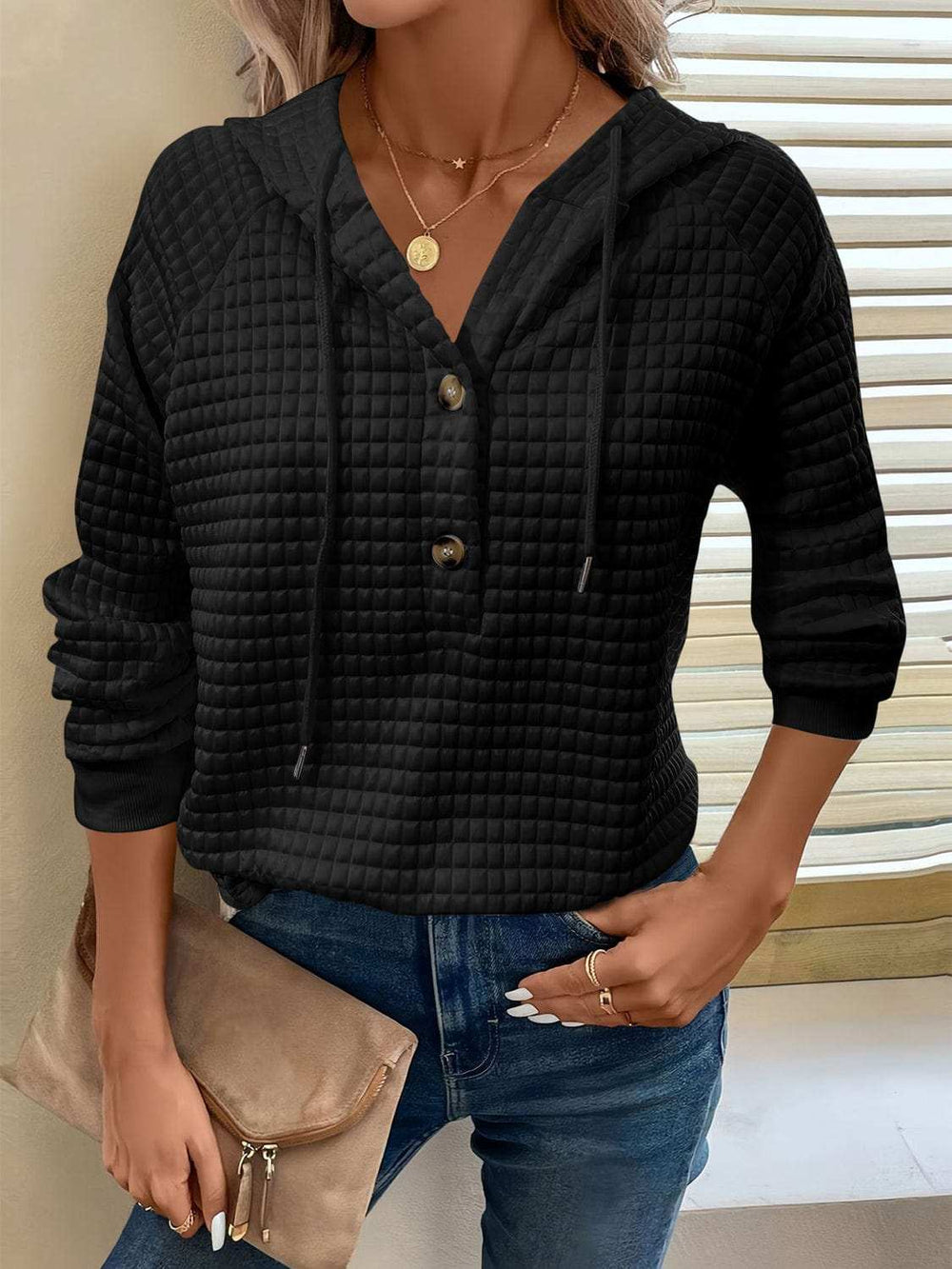 Full Size Texture Button Detail Drawstring Long Sleeve Hoodie - Trendsi - Flyclothing LLC