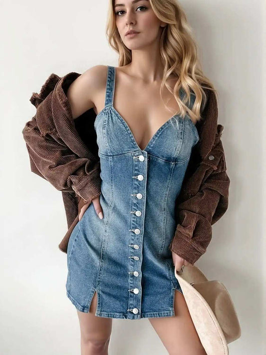 Button Down Mini Cami Denim Dress - Trendsi - Flyclothing LLC