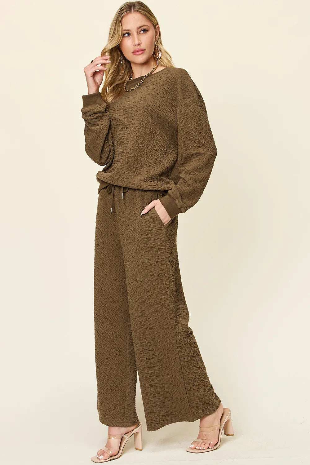Double Take Full Size Texture Long Sleeve Top and Pants Set - Trendsi - Flyclothing LLC