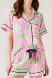 Collared Neck Printed Top and Drawstring Shorts Lounge Set - Trendsi - Flyclothing LLC