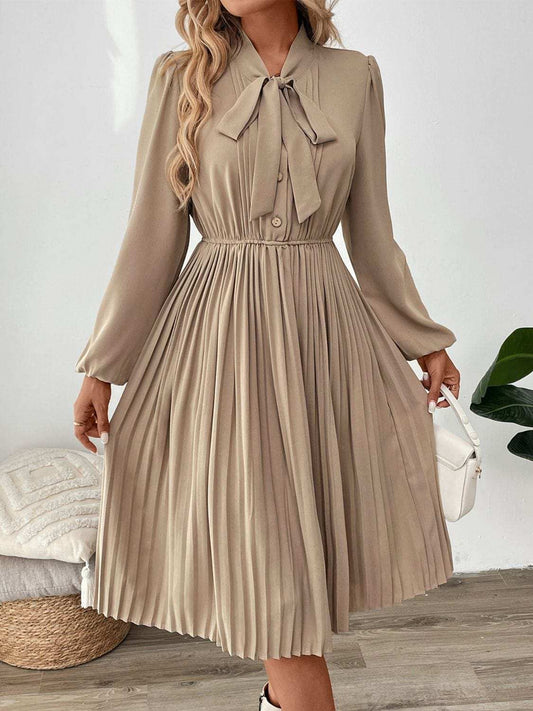 Perfee Pleated Tie Neck Long Sleeve Dress - Trendsi - Flyclothing LLC