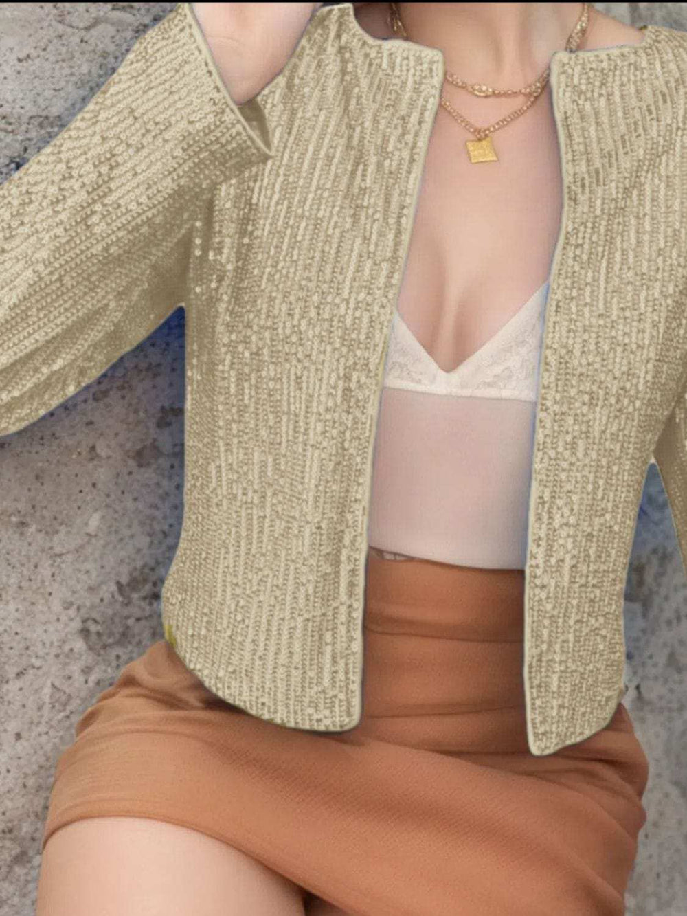 Full Size Sequin Open Front Cropped Jacket - Trendsi - Flyclothing LLC