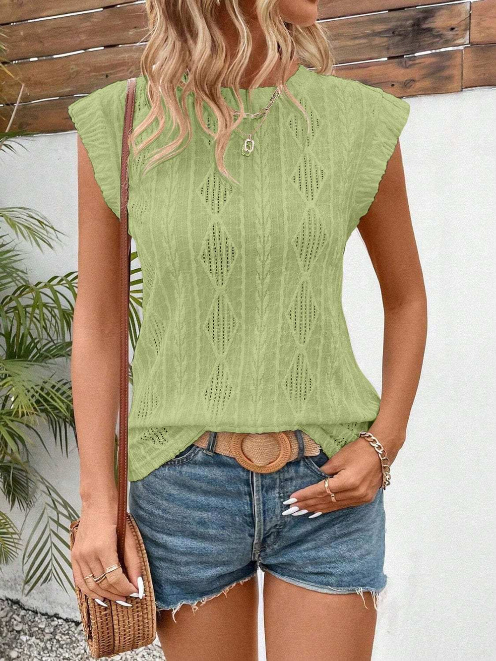 Openwork Round Neck Cap Sleeve Top - Trendsi - Flyclothing LLC